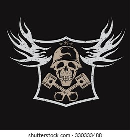 grunge bikers theme emblem with skull,flames and pistons