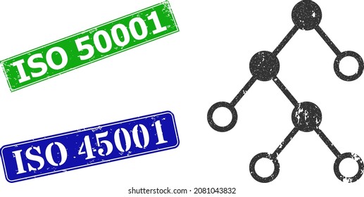 Grunge binary chart nodes icon and rectangle rubber ISO 50001 stamp. Vector green ISO 50001 and blue ISO 45001 imprints with corroded rubber texture, designed for binary chart nodes illustration.