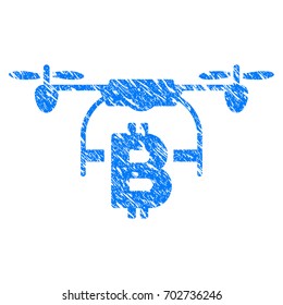 Grunge Bitcoin Drone Delivery icon with grunge design and scratched texture. Unclean vector blue pictogram for rubber seal stamp imitations and watermarks. Draft emblem symbol.