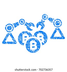 Grunge Bitcoin Mining Robotics icon with grunge design and unclean texture. Unclean vector blue pictogram for rubber seal stamp imitations and watermarks. Draft sticker symbol.