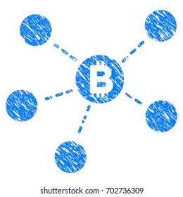 Grunge Bitcoin Net Structure icon with grunge design and unclean texture. Unclean vector blue pictogram for rubber seal stamp imitations and watermarks. Draft emblem symbol.