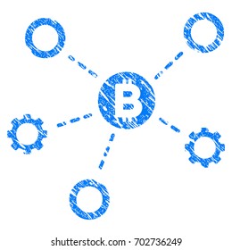 Grunge Bitcoin Network Nodes icon with grunge design and unclean texture. Unclean vector blue pictogram for rubber seal stamp imitations and watermarks. Draft sign symbol.