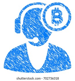 Grunge Bitcoin Operator icon with grunge design and unclean texture. Unclean vector blue pictogram for rubber seal stamp imitations and watermarks. Draft sign symbol.