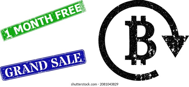 Grunge bitcoin repay icon and rectangle scratched 1 Month Free seal. Vector green 1 Month Free and blue Grand Sale seals with grunge rubber texture, designed for bitcoin repay illustration.