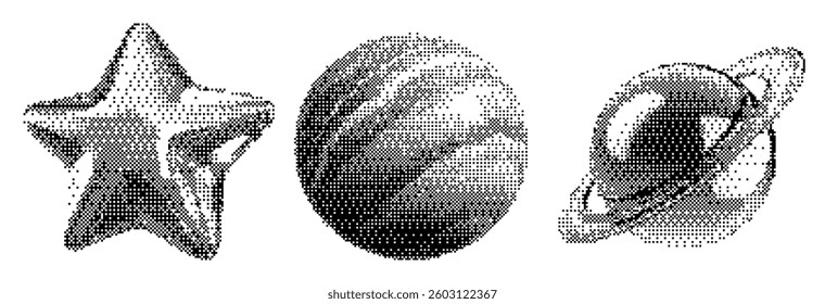 Grunge bitmap hearts and chrome texture star on a Planet Mars Saturn Space background.