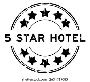 Grunge black 5 star hotel word with star icon round rubber seal stamp on white background