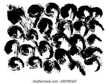 Grunge black abstract textured vector shape. Vector design grunge element. Vector abstract shape round brush strokes. Vintage vector stain. Contemporary art graphics. Black on white background.