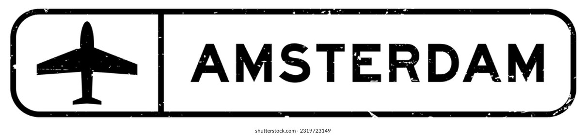 Grunge black amsterdam word with plane icon square rubber seal stamp on white background