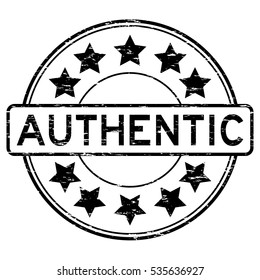 Grunge black authentic with star icon round rubber stamp