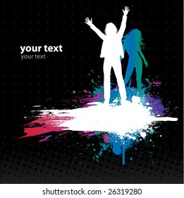 Grunge Black background with a colorful rainbow ink splat effect and with guy and girl