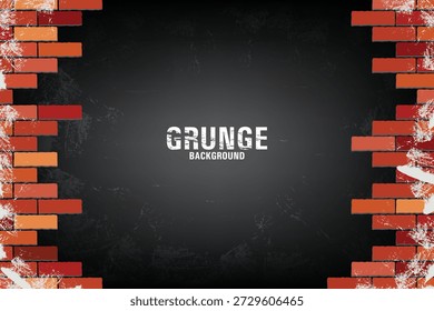 Fondo negro grunge con bordes de pared de ladrillo rojo, textura áspera y estilo urbano oscuro, ideal para carteles, Anuncios, arte callejero, graffiti y Diseño gráfico vanguardista.