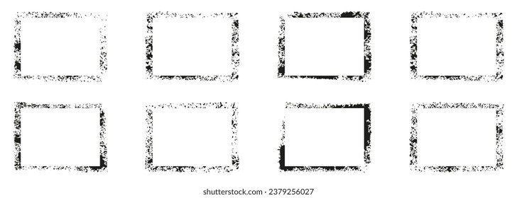 Grunge Black Border Collection. Frame Rough Texture Set. Blank Retro Frame. Rectangle Paint Spray. Abstract Design. Graffiti Dirty Geometry Form, Edge with Splash Effect. Isolated Vector Illustration.