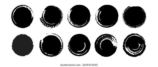 Grunge black brush circle collection. Vector hand drawn ink dots with rough edges and bold texture. Abstract round stamps in Chinese and Japanese style, perfect for collage, design accents