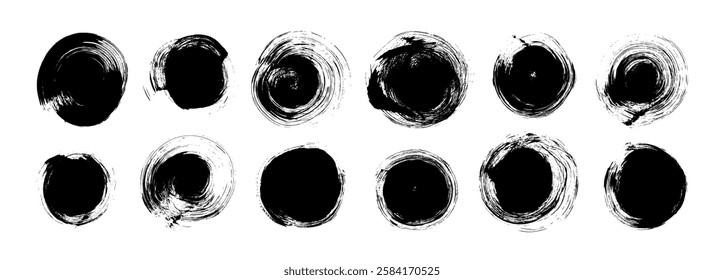 Grunge black brush drawn circles collection. Vector ink illustration with rough edges. Abstract bold dots. Hand drawn grunge circle stamps. Chinese and Japanese round shapes for collages.