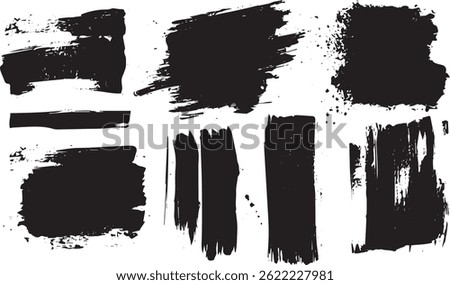 Grunge Black Brush Stroke Elements, Abstract Paint Textures and Ink Smears for Design Projects