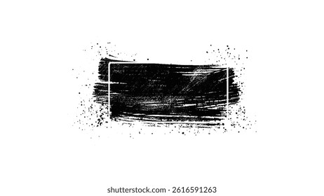 Grunge Black Brush Stroke with Splatter, Abstract Artistic Paint Stroke on a White Background