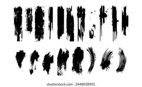 Grunge black brush strokes vector set illustration. Art paintbrush art and textured abstract design. Collection element pattern spray and distress sketch stroke