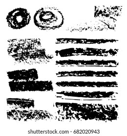 Grunge black chalk brush stroke set. Distress Artistic design elements.Big set of chalk brushes. Hand drawn lines and textures.