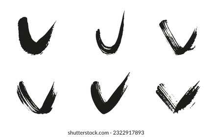 Marca de verificación negra Grunge. Marque la barra de pincel. Validar, Corregir, Firma de elección. Marcado de pincel. Pincel de curva. Elemento gráfico de diseño abstracto. Ilustración de vectores aislados