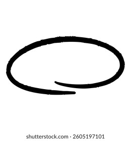 Grunge black circle stroke with rough edges and dry brush texture on a white background. Isolated bold ink scribble, ideal for highlight, frame, or emphasis in creative projects.
