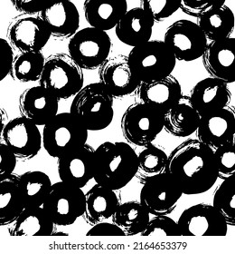 Grunge black circles vector seamless pattern. Hand painted bold brush strokes abstract background. Black paint doodle strokes. Abstract vector round shapes, graphic circles. Foam grunge bubbles