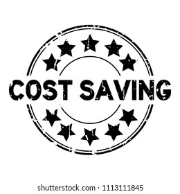 Grunge black cost saving word with star icon round rubber seal business stamp on white background