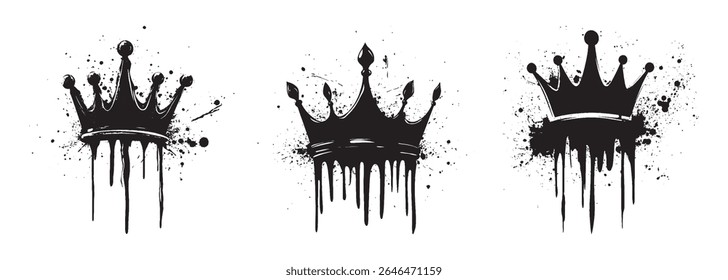 Grunge black crown silhouettes dripping ink splatter effect royalty symbol urban graffiti element isolated white background tattoo clipart emblem punk rock street art design printable vector set