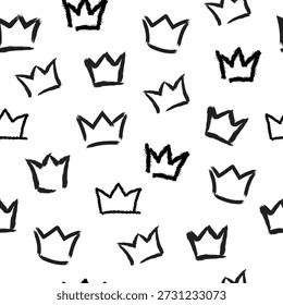 Grunge Black Crown Vetor padrão sem costura. Coroas desenhadas à mão, fundo de esboço vetorial.