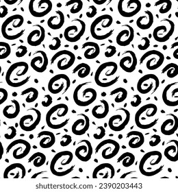 Grunge Black Curlicues seamless pattern with hand drawn abstract symbols. Ornament for printing on fabric, cover and packaging. Simple black and white vector ornament isolated on white background