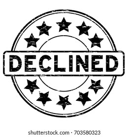 Grunge black declined with star icon round rubber seal stamp on white background