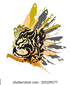 Grunge black dragon symbol - splashes in a woman's face with the head and a wing of an eagle in tribal style