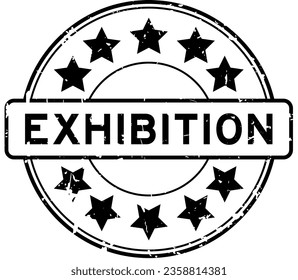 Grunge black exhibition word with star icon round rubber seal stamp on white background