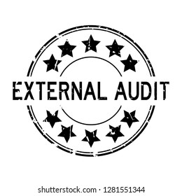 Grunge black external audit word with star icon round rubber seal stamp on white background