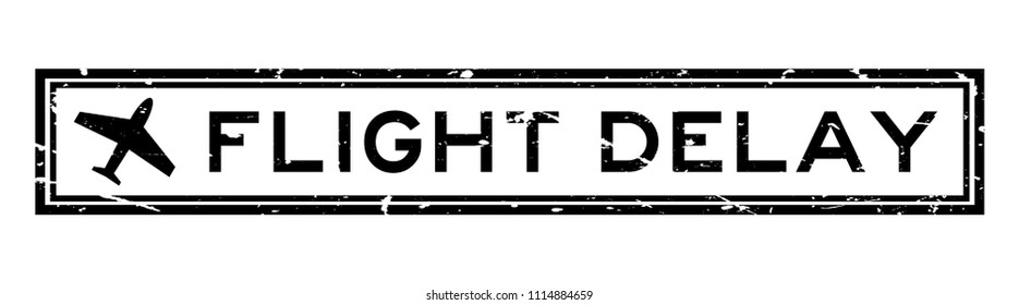 Grunge Black Flight Delay Word With Airplane Icon Square Rubber Seal Stamp On White Background