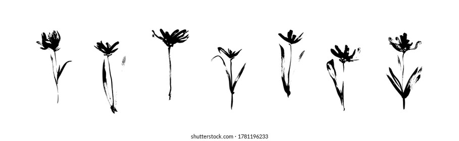 Grunge black flowers set drawn by ink. Dirty decorative vector floral collection, isolated on white background. Modern ink expressive brush strokes graphic art.