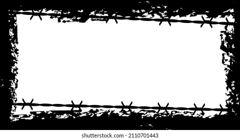 Grunge black frame. Barbed wire silhouette border. deprivation of liberty, totalitarian regime, hopelessness. Flat vector illustration isolated on white background.