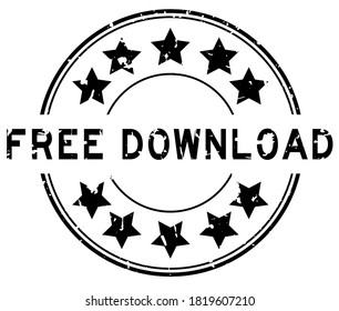 Grunge black free download word with star icon round rubber seal stamp on white background