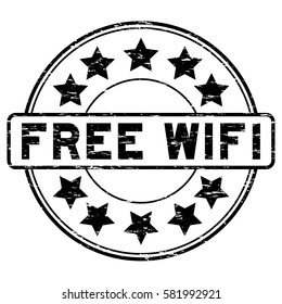 Grunge black free wifi with signal icon round rubber seal stamp