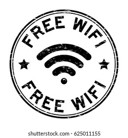 Grunge black free wifi with signal icon round rubber seal stamp