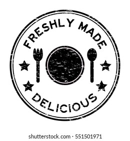 Grunge black freshly made delicious with plate, spoon, fork icon round rubber stamp