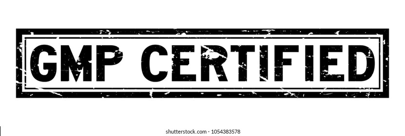 Grunge black GMP (Good manufacturing practice) certified square rubber seal stamp on white background
