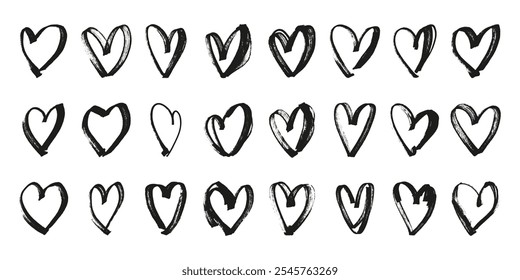 Grunge Black Hearts with Abstract Shapes Drawn with Crayons and Markers Isolated on White Background. Collection of romantic rough symbols