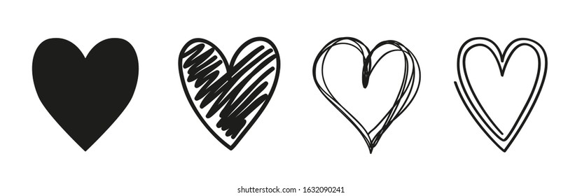 Grunge black hearts on isolated white background. Shape of heart. Black and white illustration