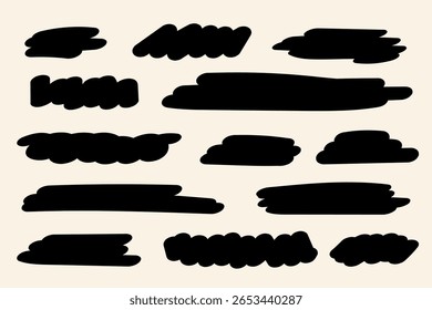Traçados de realce preto grunge em estilo de marcador. Conjunto de pincel de marca-texto abstrato para layouts modernos, anotação, ênfase e design gráfico arrojado.