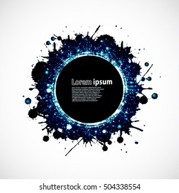 Grunge black ink background with neon particles. Vector Illustration
