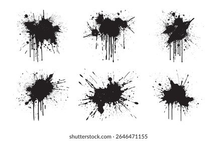 Grunge noir taches d'encre collection isolé arrière-plan blanc éclaboussures de peinture artistique gouttes abstraites formes salissantes gouttes éléments de design graffiti texture urbain spray Image vectorielle grungy splash ensemble