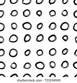 Grunge black ink freehand vector ring seamless pattern. Geometric hand drawn dry brush stroke circle watercolor background. Minimalistic design kids greeting card, wrapping paper, children fashion.