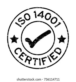 Grunge black ISO 14001 certified with mark icon round rubber seal stamp on white background