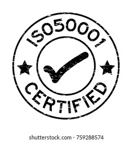 Grunge black ISO 50001 with mark icon round rubber seal stamp on white background