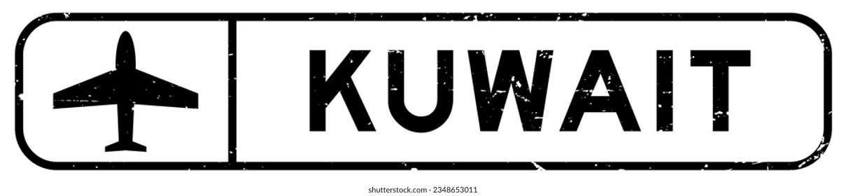 Grunge black kuwait word with plane icon square rubber seal stamp on white background